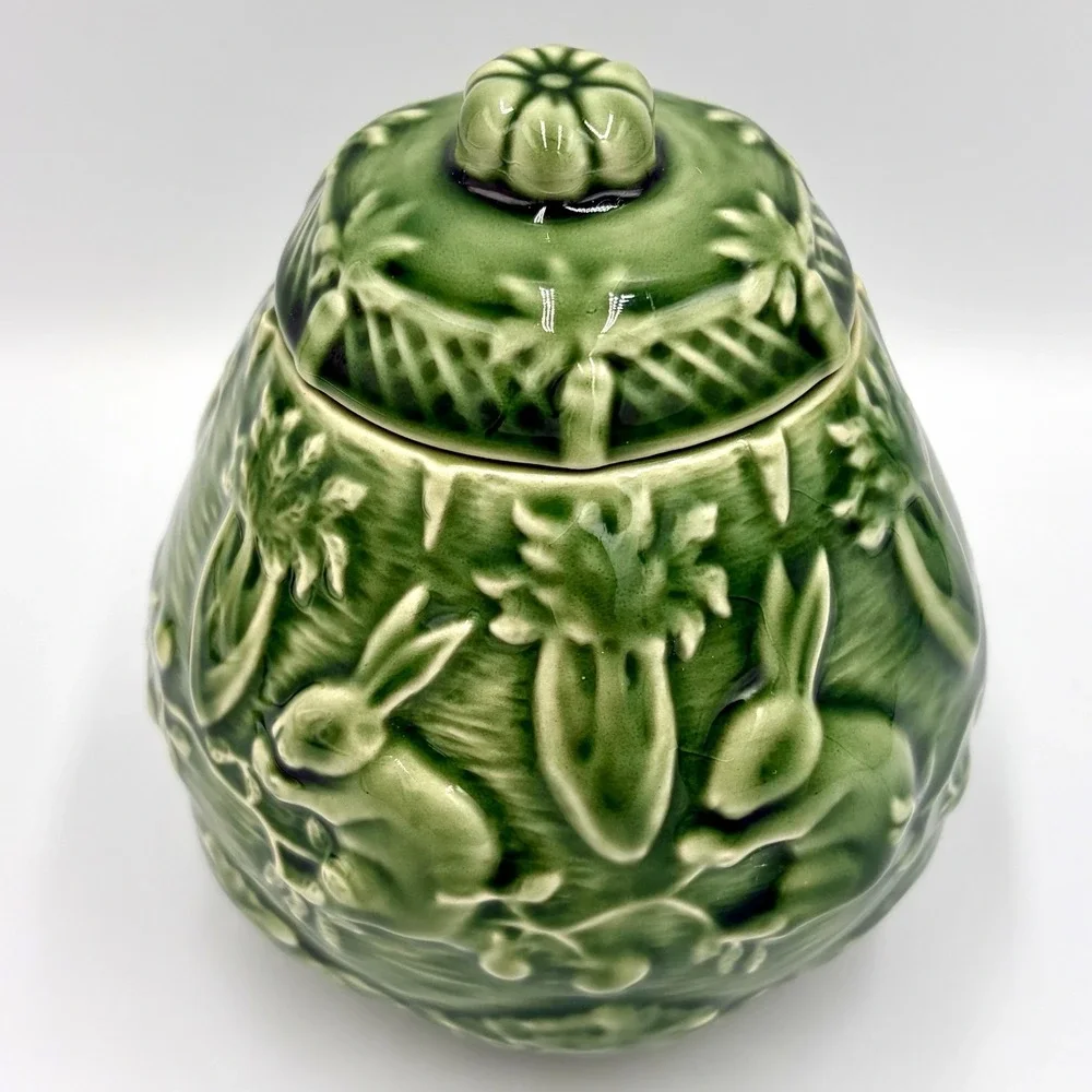 Vintage Bordallo Pinheiro Creamer & Lidded Sugar Bowl Rabbit Green Majolica Set